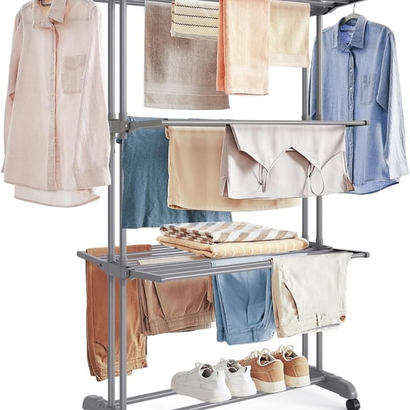 Clothes Drying Rack Stand 4-Tier, Foldable Laundry Drying Rack 68.1-Inch Tall, Steel, Rolling Clothes Horses Dryer Rack, Easy to Assemble, Indoor Outdoor Use, Gray