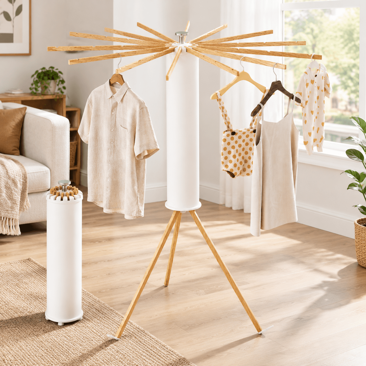 Clothes Drying Rack Tripod Floor Standing with 16 Wooden Poles ...
