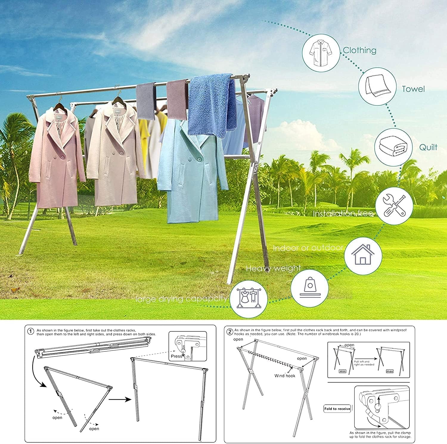 Clothes Drying Rack – Updated Stainless Steel Laundry Rack, Length ...