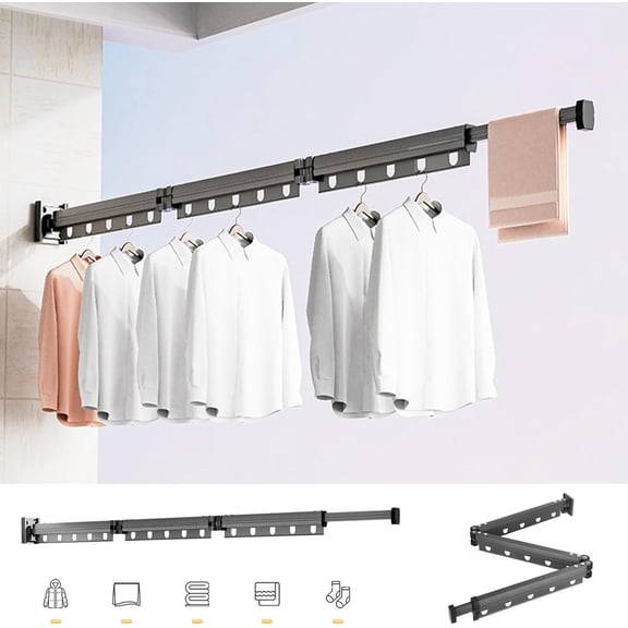 Clothes Drying Rack Wall Mount, Laundry Drying Rack Punch-Free Installation, Collapsible Drying Racks for Laundry Balcony Bathroom, Retractable Clothes Drying Rack Outdoor (Grey)