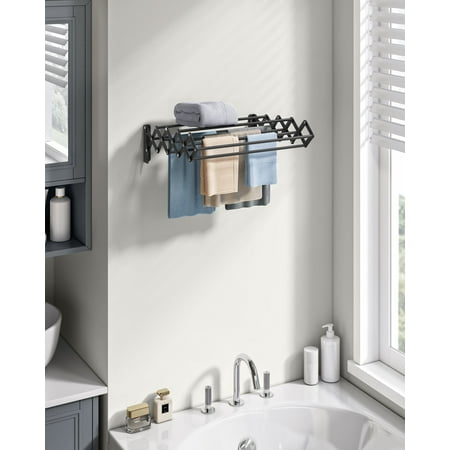 Clothes Drying Rack, Wall-Mounted Drying Rack Clothing, Small Accordion Laundry Rack, 9 Staggered Hanging Rods, Expandable and Retractable, Ink Black