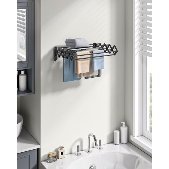 Clothes Drying Rack, Wall-Mounted Drying Rack Clothing, Small Accordion Laundry Rack, 9 Staggered Hanging Rods, Expandable and Retractable, Ink Black