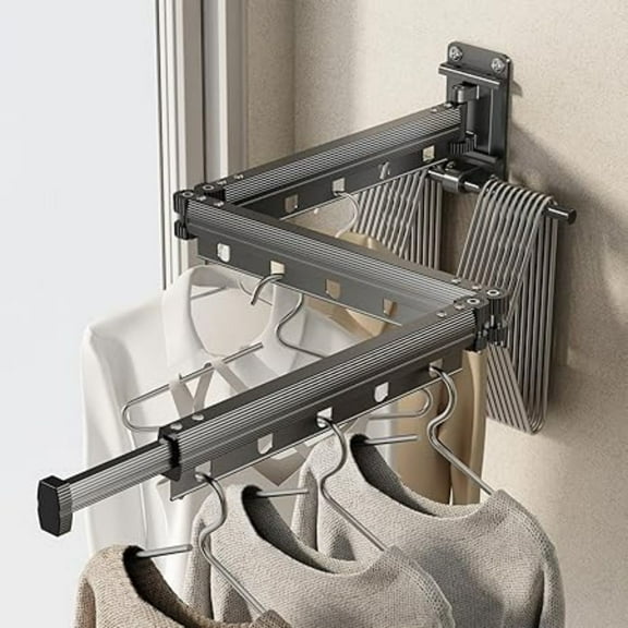 Clothes Drying Rack Wall Mounted Foldable Laundry Drying Rack Collapsible/Retractable Space Saving Laundry Hanger Dryer Rack with Additional Bar-Matte Gray