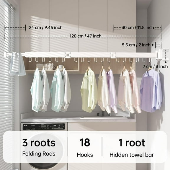 Clothes Drying Rack Wall Mounted, Laundry Drying Rack Collapsible, Foldable & Retractable with 18 Hooks for Indoor/Outdoor Use in Laundry Room, Bathroom & Balcony (White)