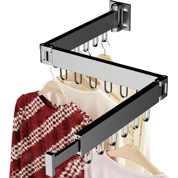 Clothes Drying Rack Wall Mounted, Laundry Drying Rack Collapsible, Space Saving Wall Drying Rack Clothing Foldable, Tri-Fold Retractable Rack Outdoor Indoor with 18 Hooks, Black