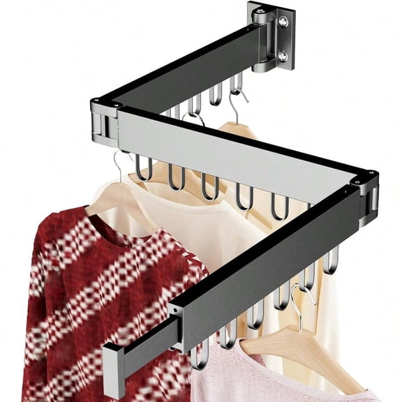 Clothes Drying Rack Wall Mounted Laundry Drying Rack Collapsible Space Saving Wall Drying Rack Clothing Foldable TriFold Retractable Rack Outdoor Indoor with 18 Hooks Black