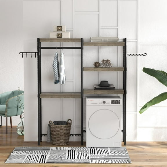 Clothes Drying Rack, Over The Washer and Dryer Storage Shelf, 5-Tier Wood Laundry Room Storage Shelf,Bathroom Towel Rack with Adjustable Shelves and Hooks for Home Decor