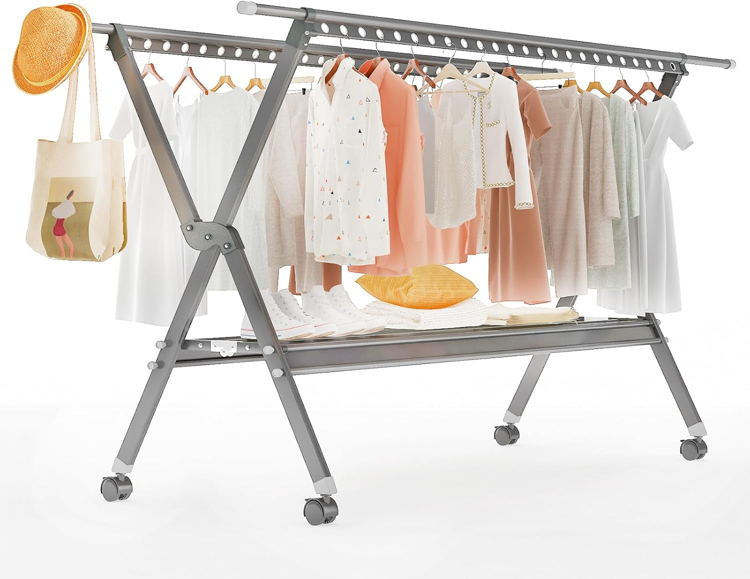 Clothes Drying Rack with Wheels，Clothing Folding Aluminum Alloy Laundry ...