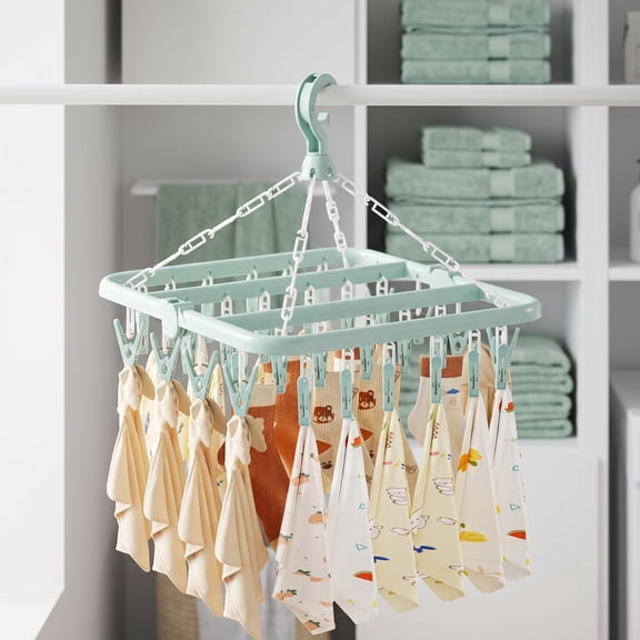 Clothes Drying Rack with 32 Clips, Foldable Hanging Rack, 360 Rotatable Hook for Drying Socks Baby Clothes Towels Gloves(Light Green)