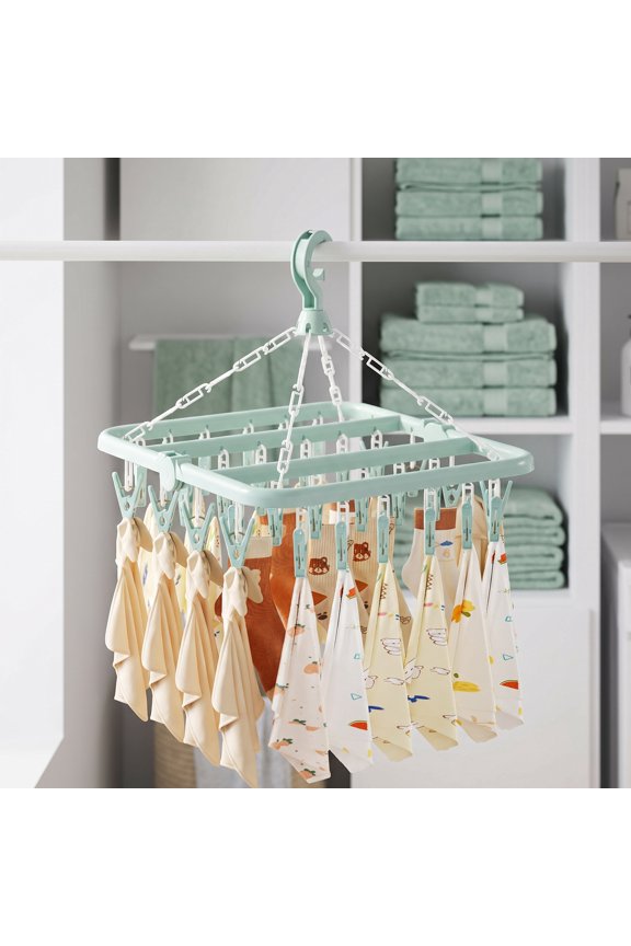 Clothes Drying Rack with 32 Clips, Foldable Hanging Rack, 360 Rotatable Hook for Drying Socks Baby Clothes Towels Gloves(Light Green)