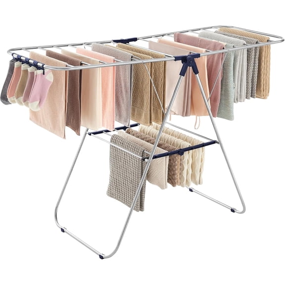 Clothes Drying Rack with Sock Clips Foldable Space-Saving Free-Standing Airer 2 Height-Adjustable Gullwings Indoor Outdoor Use Silver and Blue 1 Tier