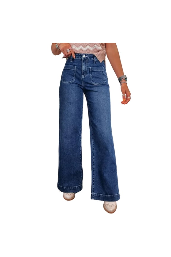 Clothes For Woman High Waist Wide Leg Jeans For Women Casual Loose Fit Denim Pants With Front Patch Pockets And Button Closure Pantalones De Mujer