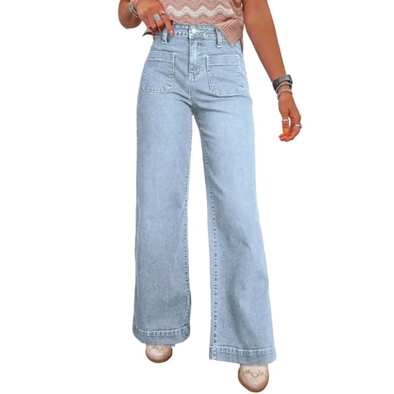 Clothes For Woman High Waist Wide Leg Jeans For Women Casual Loose Fit Denim Pants With Front Patch Pockets And Button Closure Pantalones De Mujer