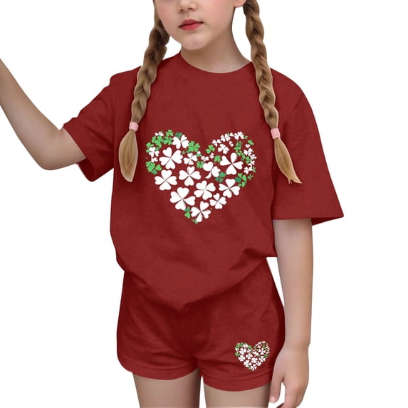 Clothes for Girls 7-8 Sets Girls Outfit Sets,Summer Casual 2 Pieces Sets Children's St. Patrick's Printed Heart Shape Print Round-Neck Tops Two-Piece Set for Kids,-16 Years,