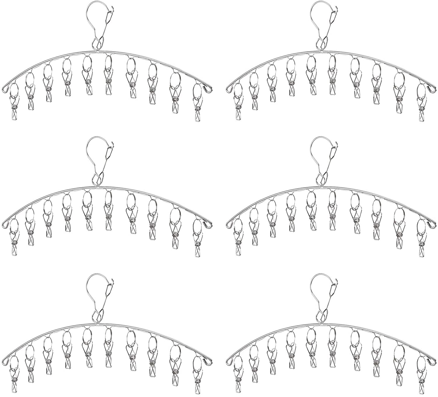 Clothes Hanger with 10 Clips Laundry Drying Rack 6 Pack, Clothes Drying Rack Stainless Steel Sock Hangers Windproof Clip and Drip Hanger for Drying Socks, Bras, Towel, Underwear, Baby Clothes