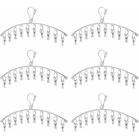 Clothes Hanger with 10 Clips Laundry Drying Rack 6 Pack, Clothes Drying Rack Stainless Steel Sock Hangers Windproof Clip and Drip Hanger for Drying Socks, Bras, Towel, Underwear, Baby Clothes