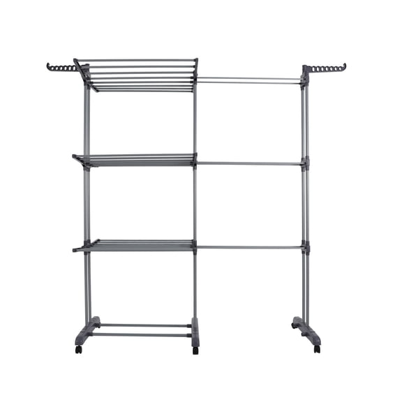 Clothes Hanger, 3-Tier Foldable Expandable Garment Rack with Wheels, Grey Drying Rack for Laundry Room