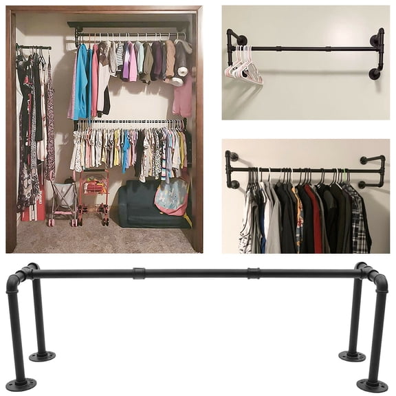 Clothes Hanger Industrial Pipe Rack Wall Mounted Garment Rack Bearing Black Clothes Hanger Rack Rail Iron Garment Organizer Rod Wall Mount Wall Mount Hanger Industrial Pipe Clothes Rack