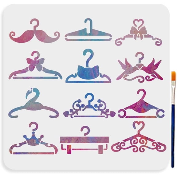 Clothes Hanger Stencil 11.8x11.8inch Floral Beard Hanger Rack Stencil with Paint Brush 12 Hanger Patterns Vintage Trouser RackTemplate for DIY