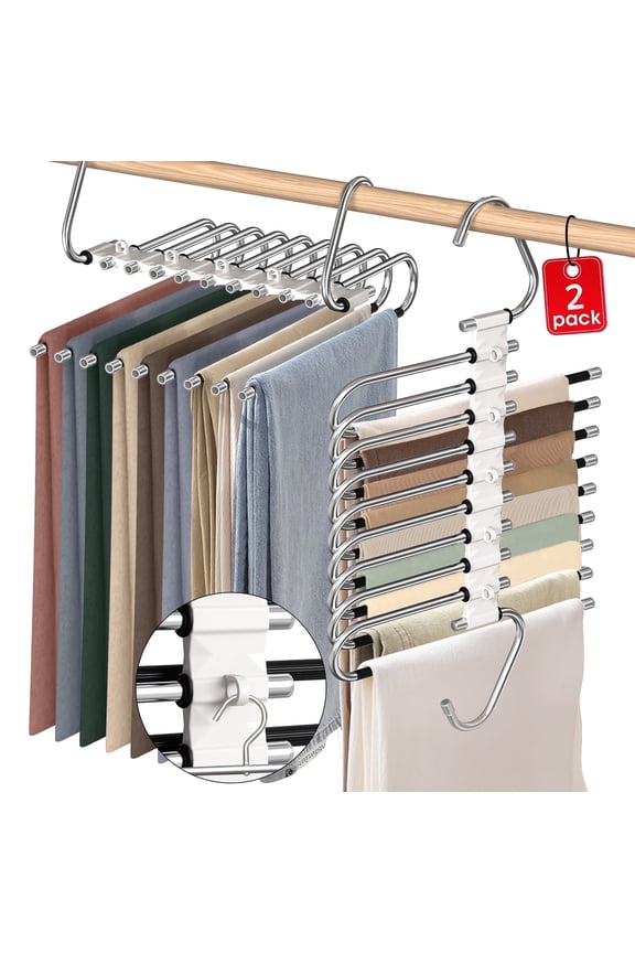 Clothes Hangers, 2 Pack Space Saving Hangers Pants Rack Skirt Hangers Magic Closet Hangers Closet Organizer Pants Hanger Multifunctional Non-Slip Hangers