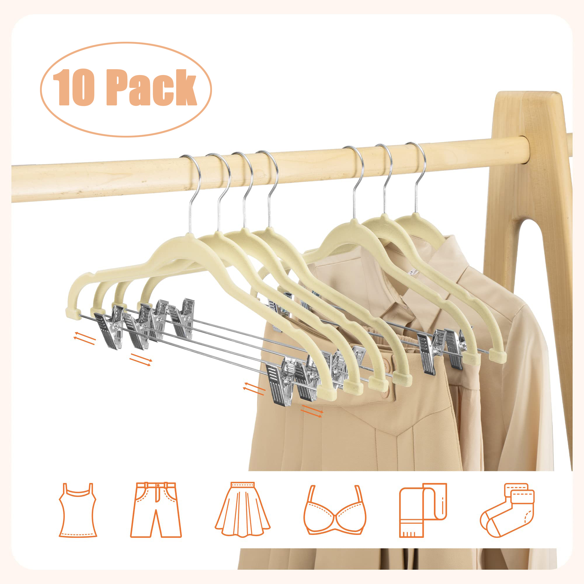 Clothes Hangers with Clips, 10 Packs SpaceSaving Pants Hangers with