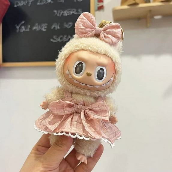 Clothes for La_bu--bus(NO Doll) , Handcrafted Crochet 2-Piece Set for 17cm Doll, Premium Outfit with Accessories for La_bu--bus, Stylish Clothes for La_bu--bus Doll(Pink puff slip dress)