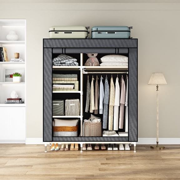 ArluKin Clothes Organizer with 1 Hanging Rod Portable Closet with 5 Shelves& Cover Closet Organizer Clothes Rack Standing Closet Clothes Storage Wardrobe Garment Cabinet