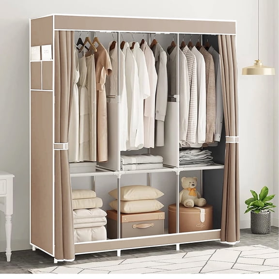 Clothes Organizer 3 Hanging Rod Shelf Portable Closet with Cover Clothes Rack Standing Closet Beige Clothes Storage Wardrobe Garment Cabinet