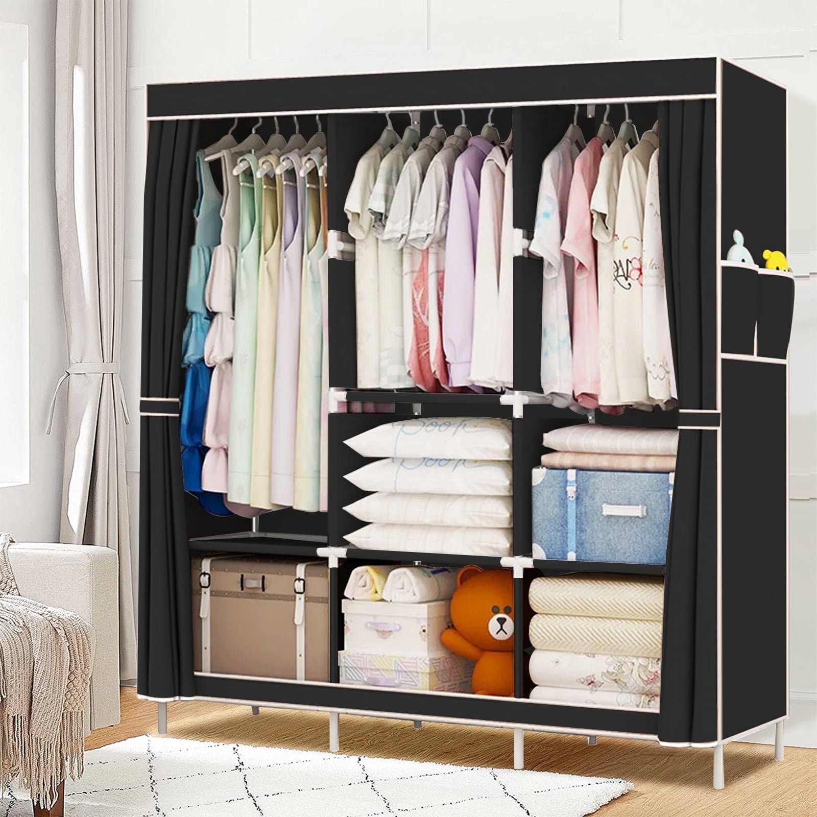 Compact Clothes Storage Rack Clothes Organizer 3 Hanging Rod Shelf Portable Closet with Cover ...
