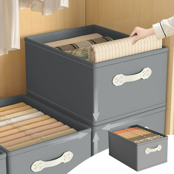 Clothes Organizer Storage Box - Gray Foldable Wardrobe Organizer for Clothes, Underwear, Socks - Large Stackable Closet Storage Solutions With Handles