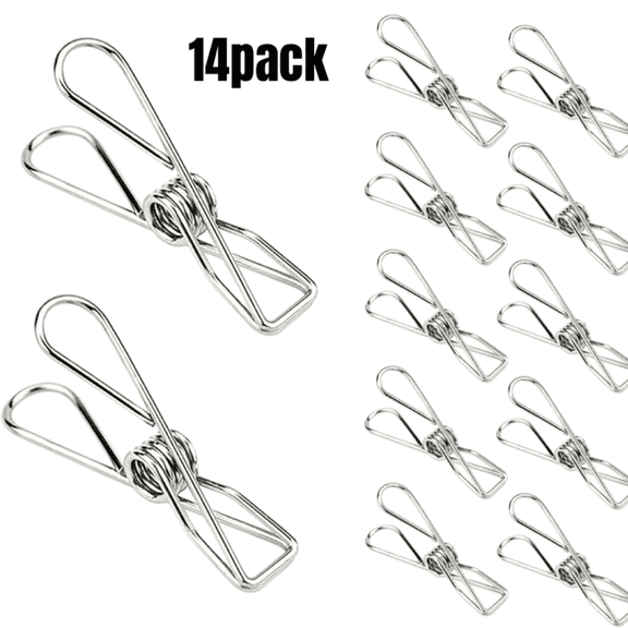 Clothes Pins Heavy Duty 14 Pack - Metal Chip Clips, Clothespins for Photo Drying Clothesline Laundry Sock, Bag Clips for Food Kitchen Stainless Steel