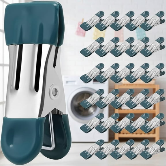 Clothes Pins Heavy Duty 30 Pack - 2.17 Inch Metal Chip Clips, Clothespins for Photo Drying Clothesline Laundry Sock, Bag Clips for Food Kitchen Stainless Steel with Rubber, Dark Green