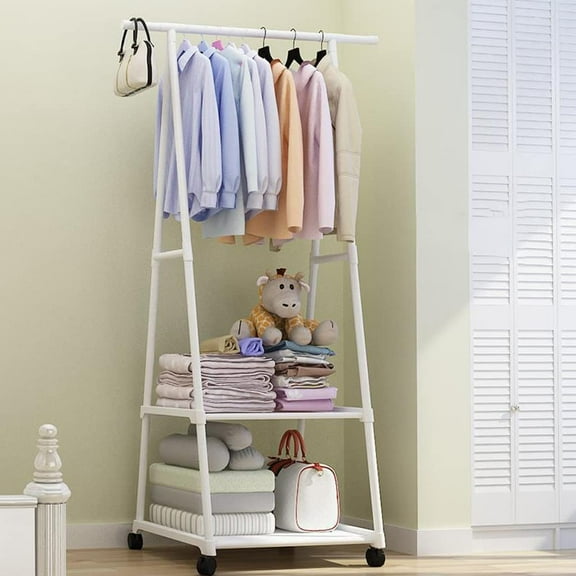 Clothes Rack 2 Tier,Garment Rack Wardrobe Storage Shelf for Bedroom,Triangle Coat Rack,White