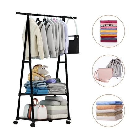 Clothes Rack 2-Tier Storage Shelves Stainless Steel Rolling Garment Rack Organizer with Wheels 2 Coat Hooks for Shoes Clothing