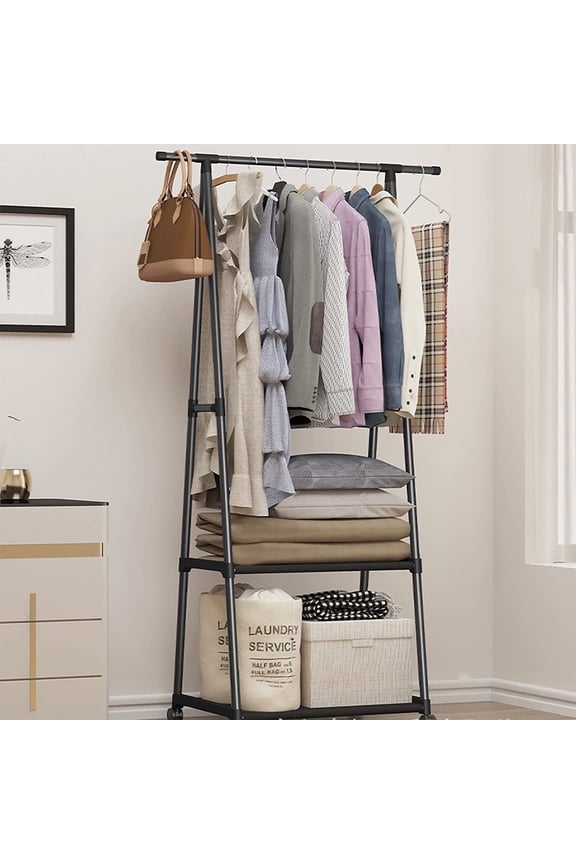 Clothes Rack, 2 Tier Clothes Organizer on Wheels, Portable Garment Laundry Coat Rack, Clothes Hanging Rack for Home, Office, Dorm, Black