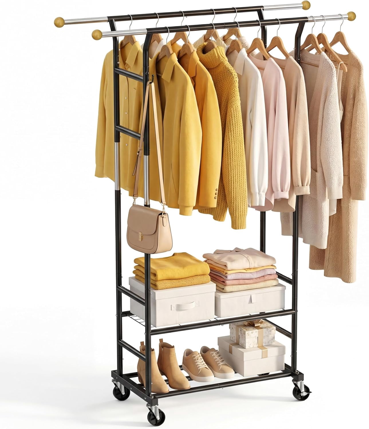 Storage Rack 3 Level Clothes Rack with 3-Level Height Adjustment - Double Rod Extendable ...