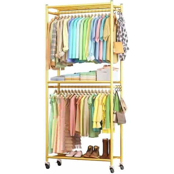 Clothes Rack - 33.0" x 12.2" x 79.5" Clothing Rack with Shelves & Wheels, Multi-Functional Wardrobe Closet with Hooks, Sturdy Metal Garment Rack for Bedroom, Laundry, Balcony (Gold)