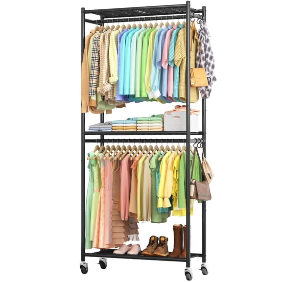 Clothes Rack - 33.0" x 12.2" x 79.5" Clothing Rack with Shelves & Wheels, Multi-Functional Wardrobe Closet with Hooks, Sturdy Metal Garment Rack for Bedroom, Laundry, Balcony (Black)