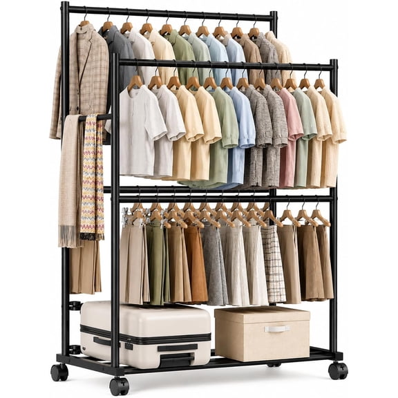 Clothes Rack - 36.2" x 21.3" x 72", 4-Bar Double Rod Rolling Metal Clothing Rack for Hanging Clothes, Portable Garment Rack with Wheels for Bedroom Laundry, Closet Wardrobe, Black