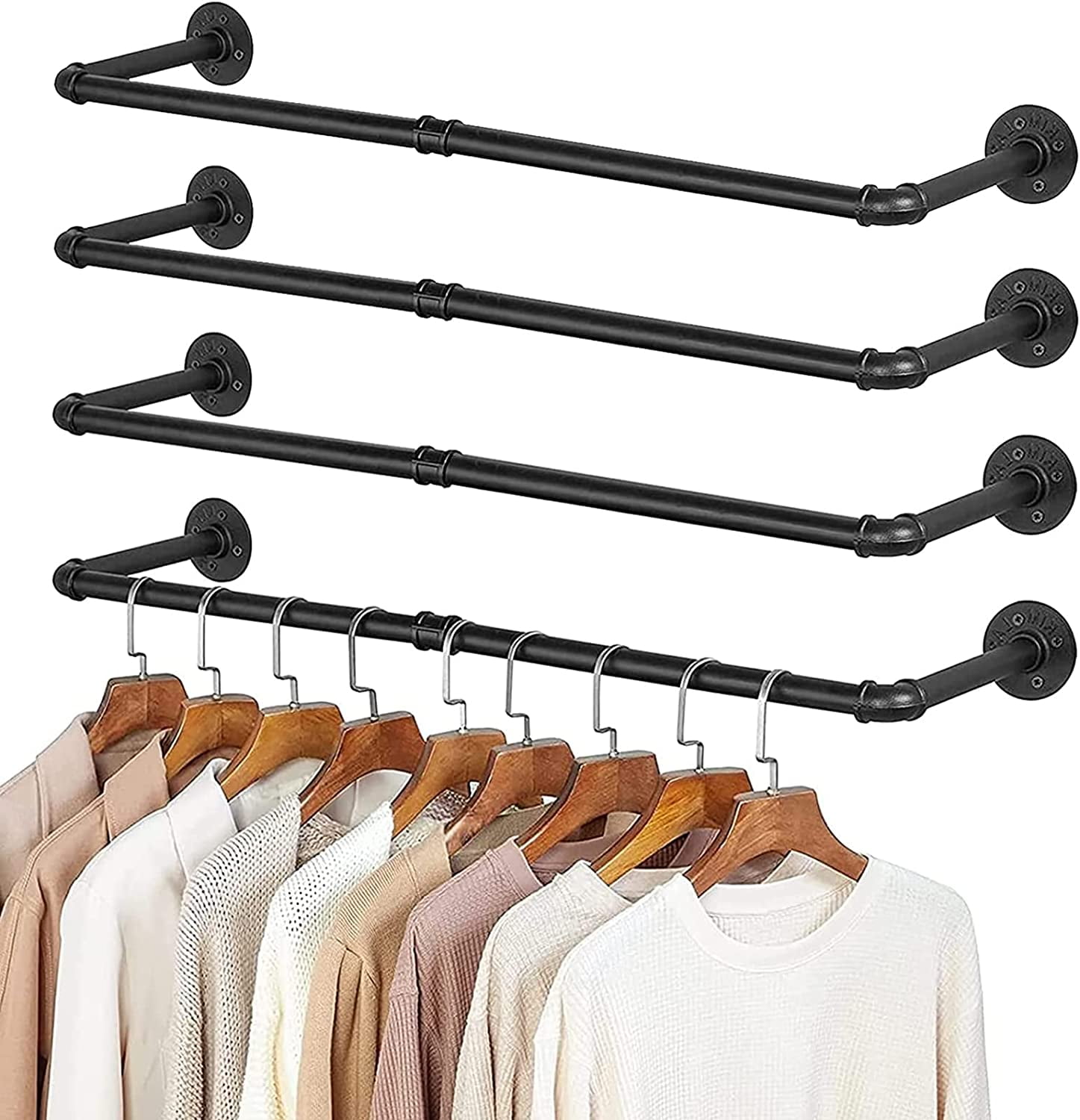 Clothes Rack 38.4 in Industrial Pipe Wall Mounted Garment Rack Hanging  Heavy Duty Garment Bar,Multi-Purpose Hanging Rod,4 Pack 