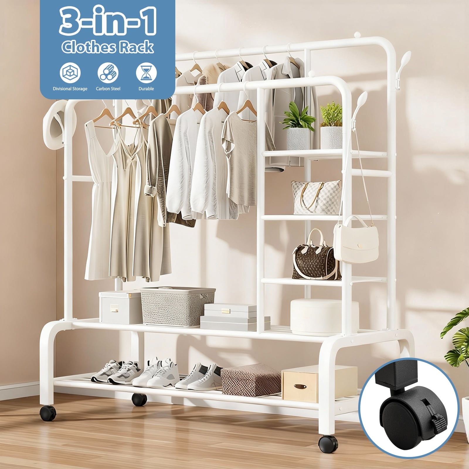Clothes Rack with 4 Shelves, 3 In 1 Double Rods Metal Clothing Rack ...