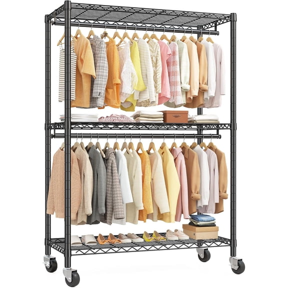 Clothes Rack, 45" W Clothing Racks for Hanging Clothes, Garment Rack with Wheels and Adjustable Feets, Max Load 440LBS, Black