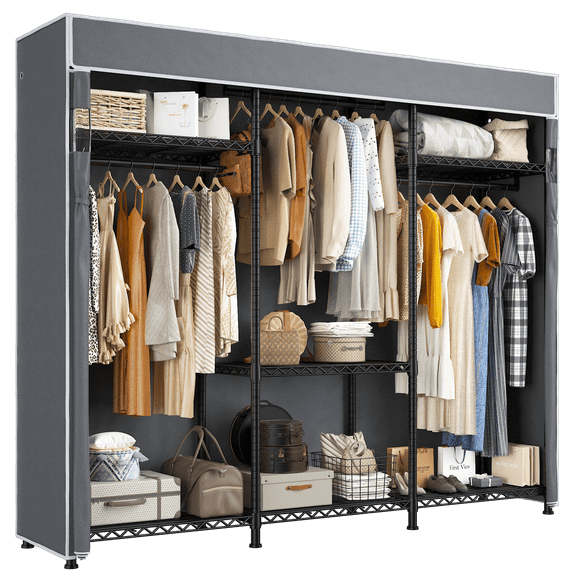 Clothes Rack, Clothing Rack with Cover Loads 795 LBS, Clothing Racks for Hanging Clothes, Portable Wadrobe Closet, Heavy Duty Garment Rack with Wire Shelves
