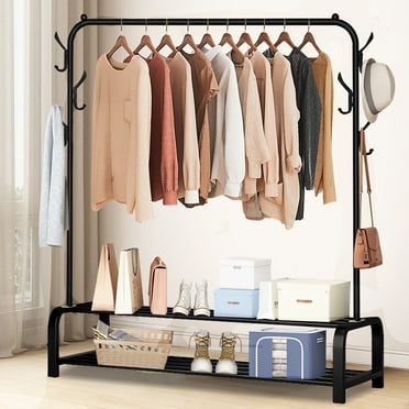 Clothes Rack, Clothing Rack for Hanging Clothes, Garment Rack W/6 Hooks & 2-Tier Storage Shelf, Single Rail Clothes Rack Stand, Free Standing Black Garment Rack
