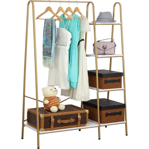 Clothes Rack, Clothing Rack for Hanging Clothes Heavy Duty Garment Rack with 5 Wood Shelves Freestanding Portable Closet Organizer for Bedroom/Entryway/Boutiques,Gold