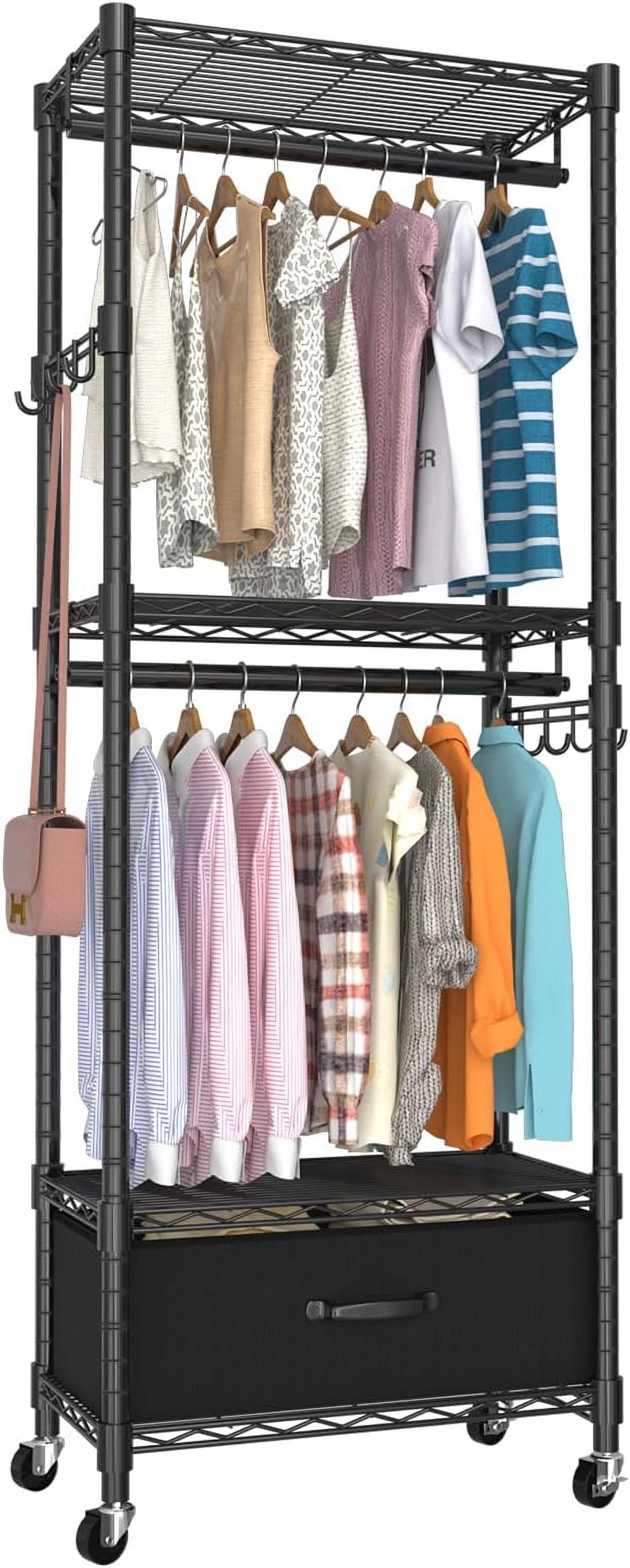 Black Adjustable Carbon Steel Clothes Rack with Drawer and Hooks