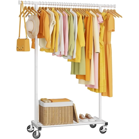 Clothes Rack, Clothing Rack for Hanging Clothes, Rolling Garment Rack Sturdy Coat Rack Portable Wardrobe Rack Metal Closet Rack for Bedroom Laundry Living Room, White