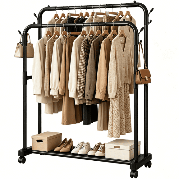 Clothes Rack Clothing Rack Heavy Duty Rolling Clothes Rack, Double Rod Garment Rack with Wheels, Metal Freestanding Wardrobe Closet Organizer Rack for Hanging Clothes, Portable Coat Rack Black 34''