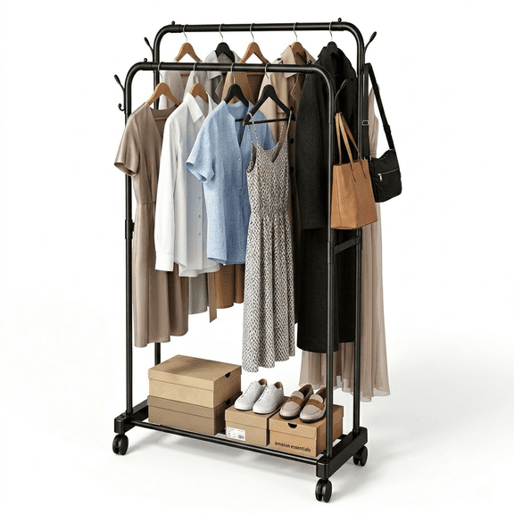 Clothes Rack Clothing Rack Heavy Duty Rolling Clothes Rack, Double Rod Garment Rack with Wheels, Metal Freestanding Wardrobe Closet Organizer Rack for Hanging Clothes, Portable Coat Rack Black 34''