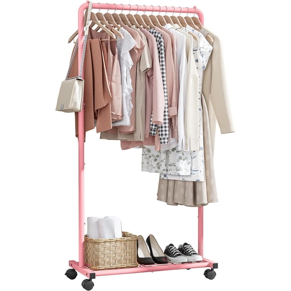 Clothes Rack - Clothing Rack with Storage Mesh Shelf & Casters, Heavy-Duty  Clothing Rack for  Clothes, Dresses, Coats, Large Load Capacity, Easy Assembly, , 28.0"x16.9"x59.0"